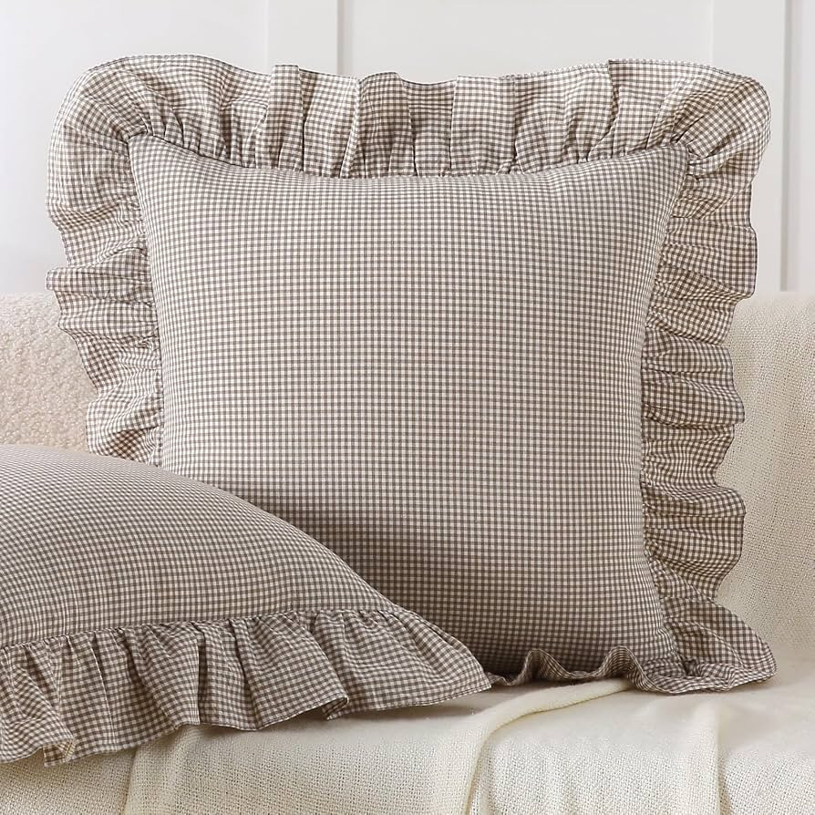 Aryeleay 2 Pack Brown White Plaid Gingham Ruffle Pillow Shams, 100% Washed Cotton Checkered Farmh... | Amazon (US)