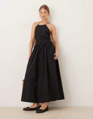 Mango high neck dropped waist premium cotton midi dress in black  | ASOS | ASOS (Global)