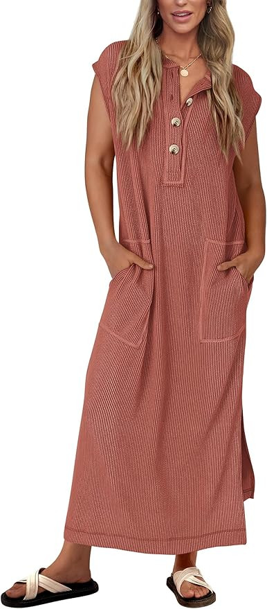 KIRUNDO Womens Summer Dresses Ribbed Knit Henley Short Sleeve Maxi Dress Button Up Loose Slit Bea... | Amazon (US)