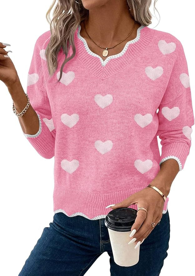 Womens V Neck Pullover Sweaters Long Sleeve Scallop Trim Knit Tops Loosed Fit 2025 Fall Outfits | Amazon (US)