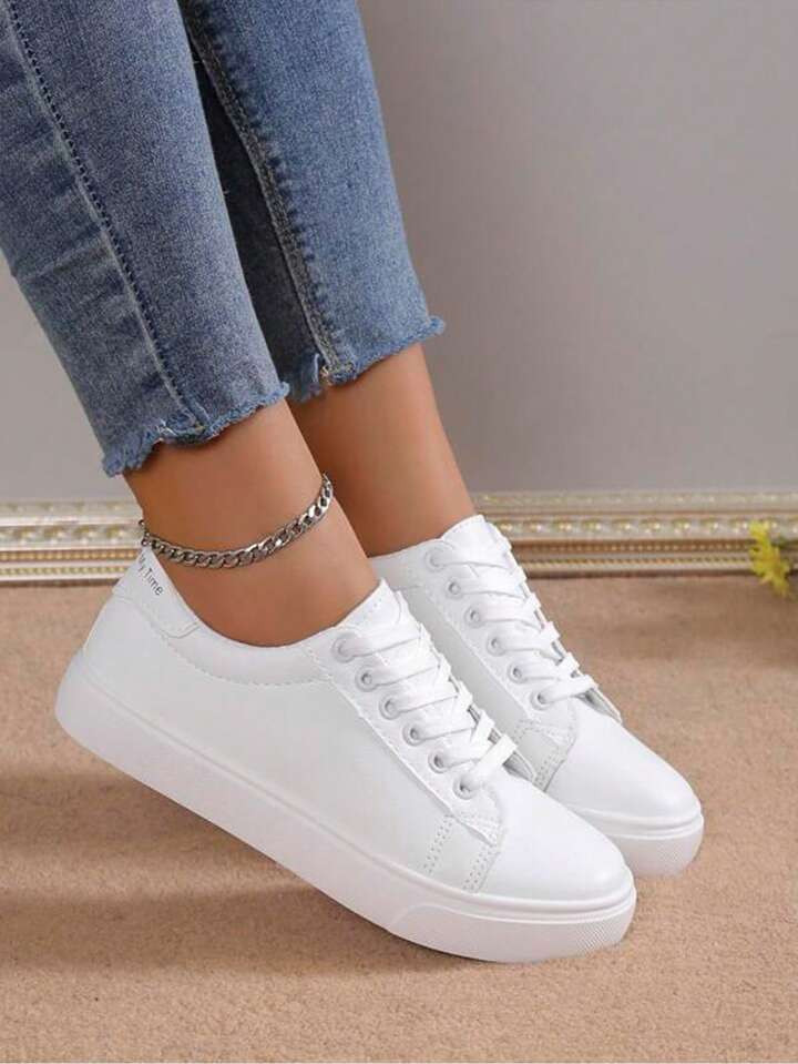 Women's Casual Athletic Comfortable Lace-up Sports Shoes, Low-top Round Toe Skate Shoes In White ... | SHEIN