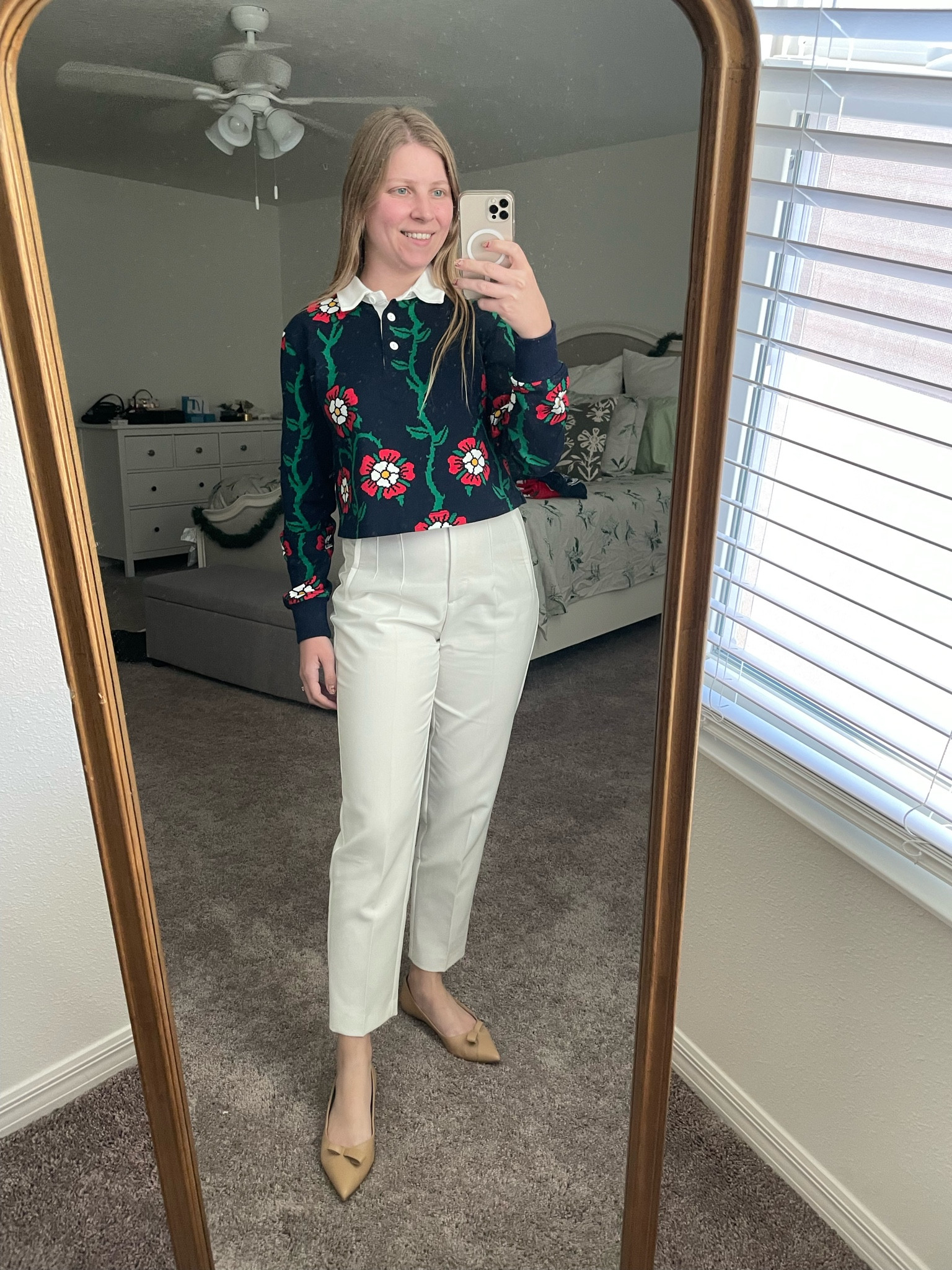 Casual office outfit. Long sleeve polo and high waist trousers  