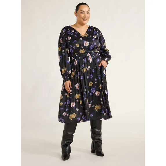 Scoop Vestido Midi Plisado con Cuello en V para Mujer y Mujer Talla Plus, Tallas XS-4X | Walmart (US)