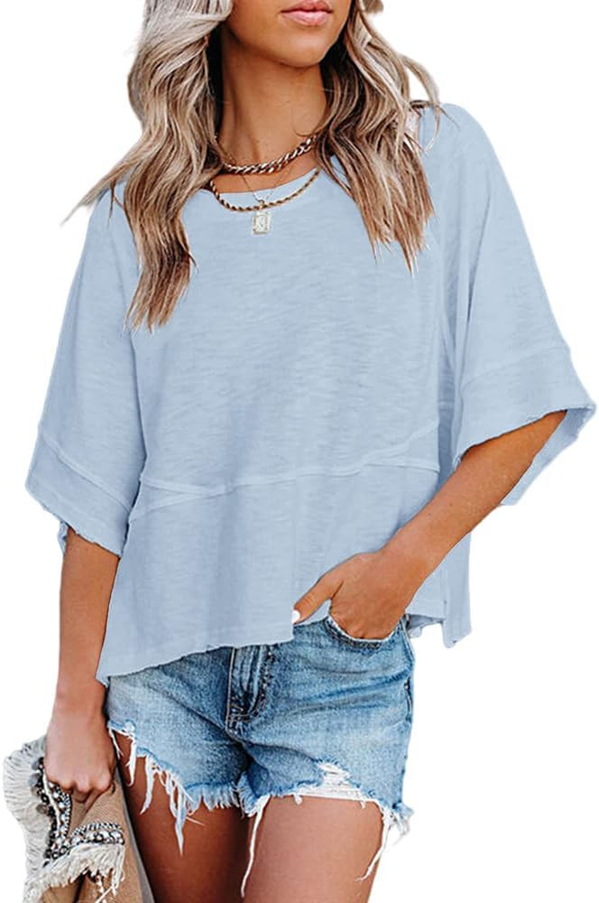 Women's Summer Casual Crewneck Batwing Half Sleeve T-Shirts Solid Color Loose Fit Cute Basic Flow... | Amazon (US)