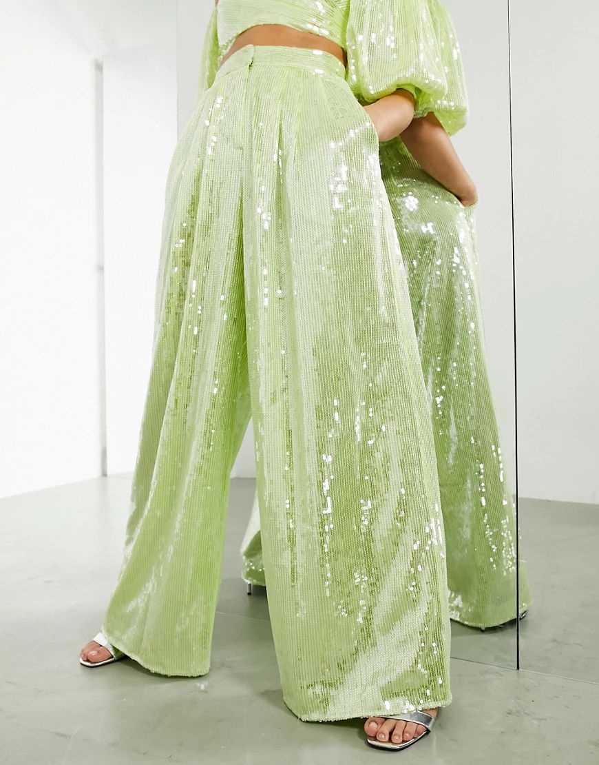 ASOS EDITION wide leg pant with pleat front in sequin - part of a set-Green | ASOS (Global)