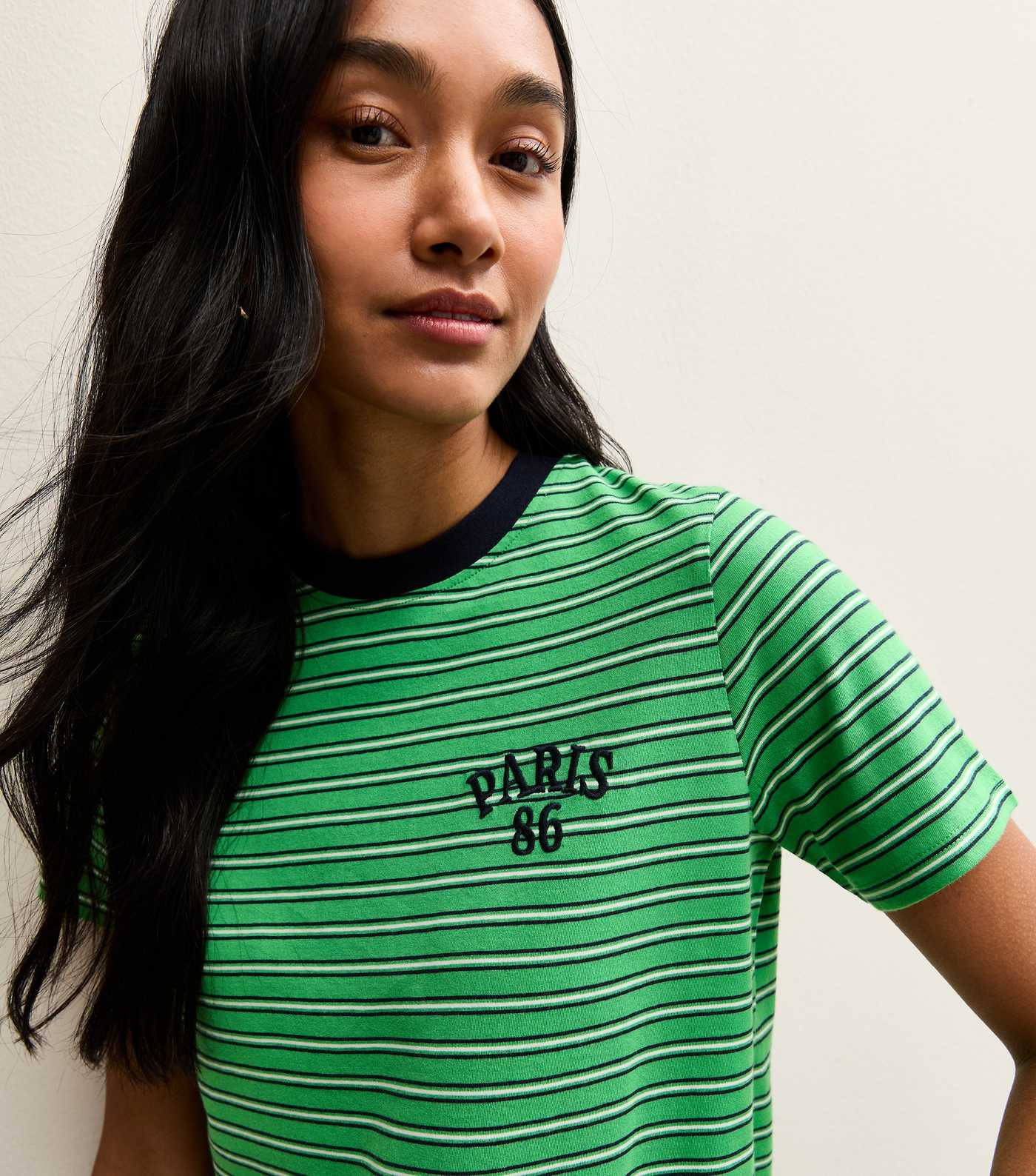 Green Cotton Striped Paris 86 Logo T-Shirt | New Look | New Look (UK)