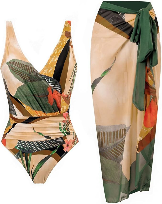 Womens One Piece Swimsuit with Beach Cover up Wrap Skirt Flower Print Summer Sexy Bikini Set Two ... | Amazon (US)