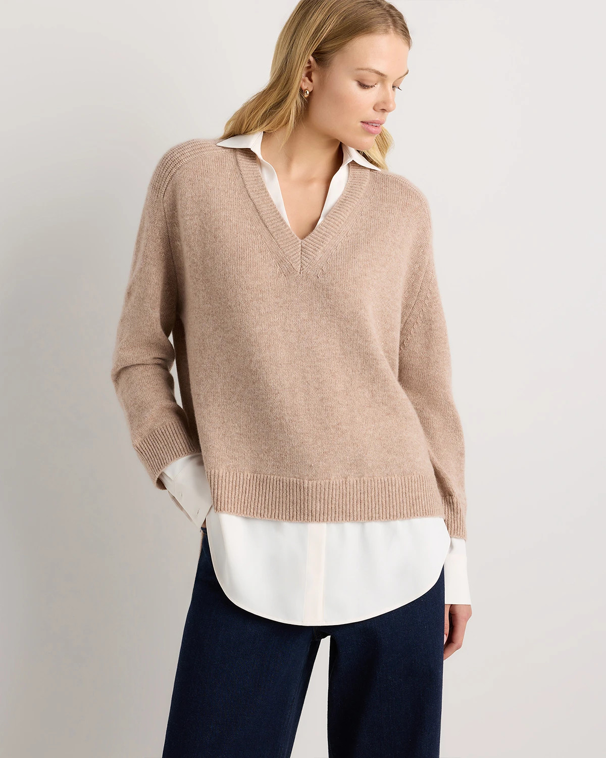 Quince | Women's 100% Mongolian Cashmere Layered V-Neck Sweater in Ivory, Size XL | Quince