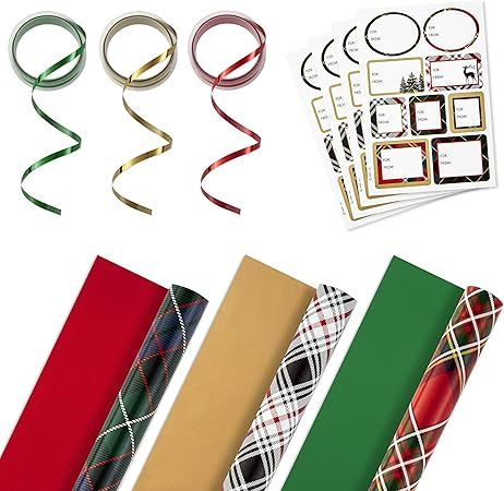 Hallmark Reversible Christmas Wrapping Paper Set with Ribbon and Gift Tag Stickers (Green, Red, B... | Amazon (US)