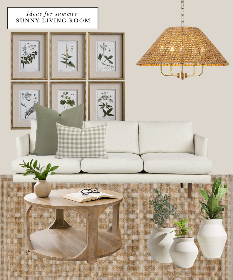 Summer living room furniture, traditional living room decor | neutral sofa, jute natural rug, woven chandelier, botanical print, planters, wood coffee table, classic furnishings, living room decorations  

 #LTKcanada #LTKsummer #LTKhome