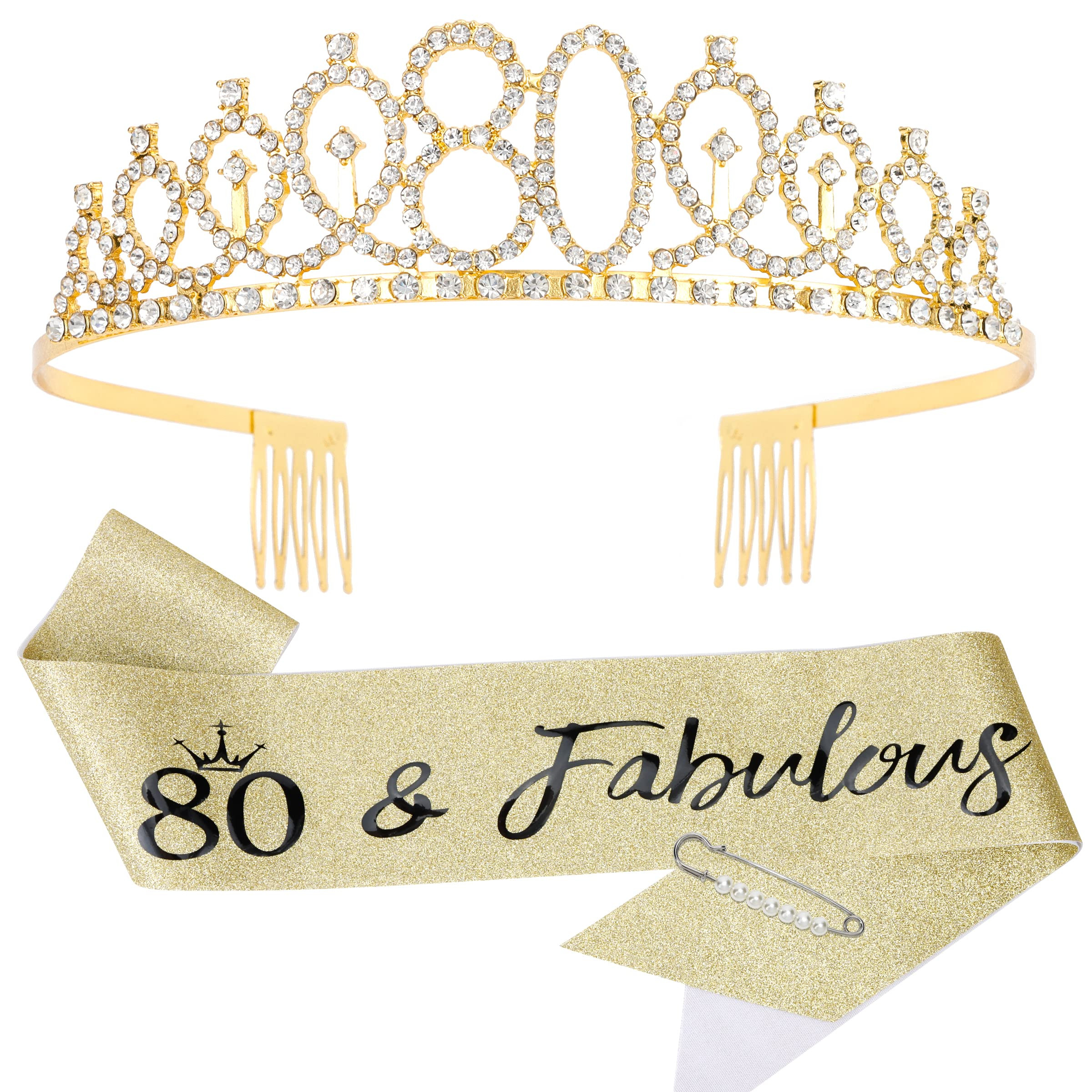 80th Birthday Sash and Tiara, Gold Tiara, 80th Birthday Gifts for Women, 80th Birthday Decoration... | Amazon (US)
