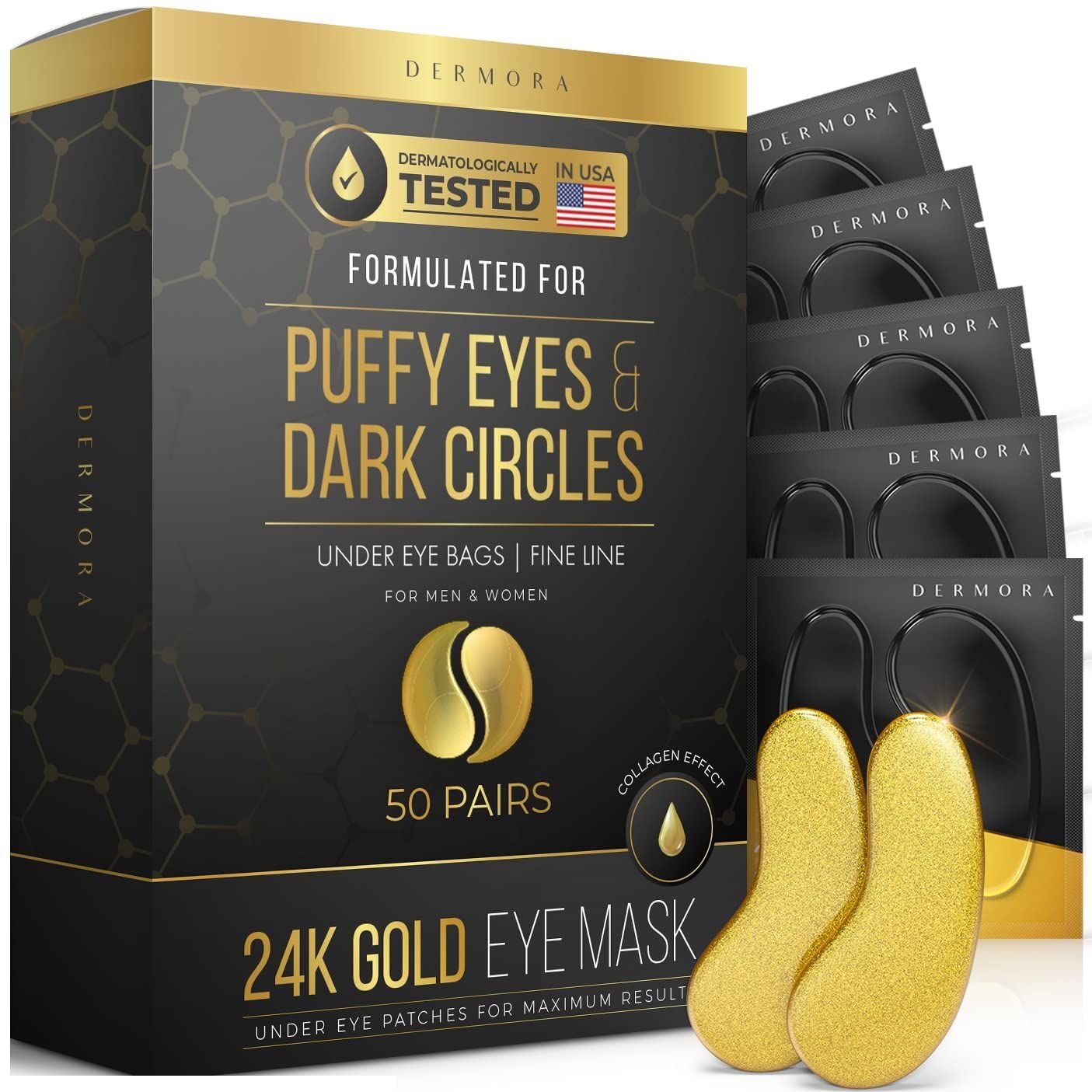 DERMORA 24K Gold Eye Mask– 50 Pairs Eye Gels - Puffy Eyes and Dark Circles Treatments – Look ... | Amazon (US)