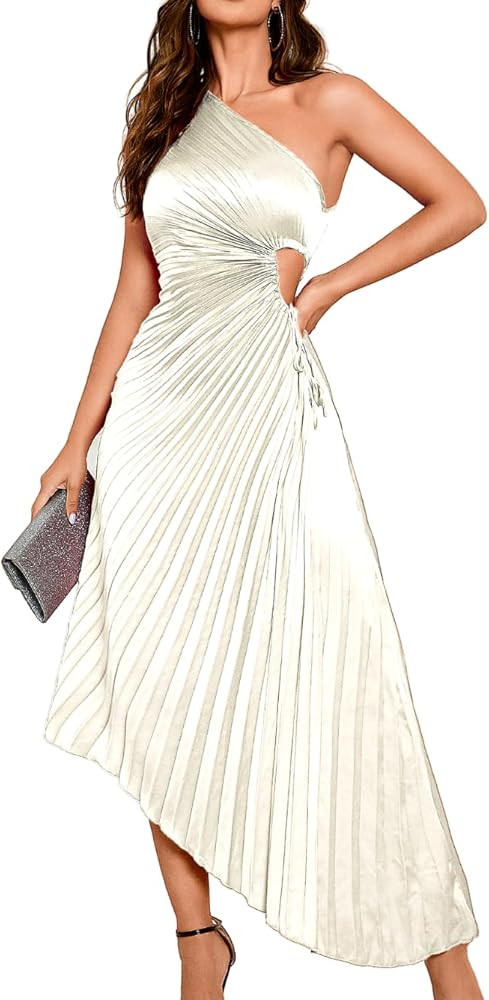 Kaei&Shi Elegant Satin Dress, One Shoulder, Cut Out, Pleated Hem | Amazon (US)