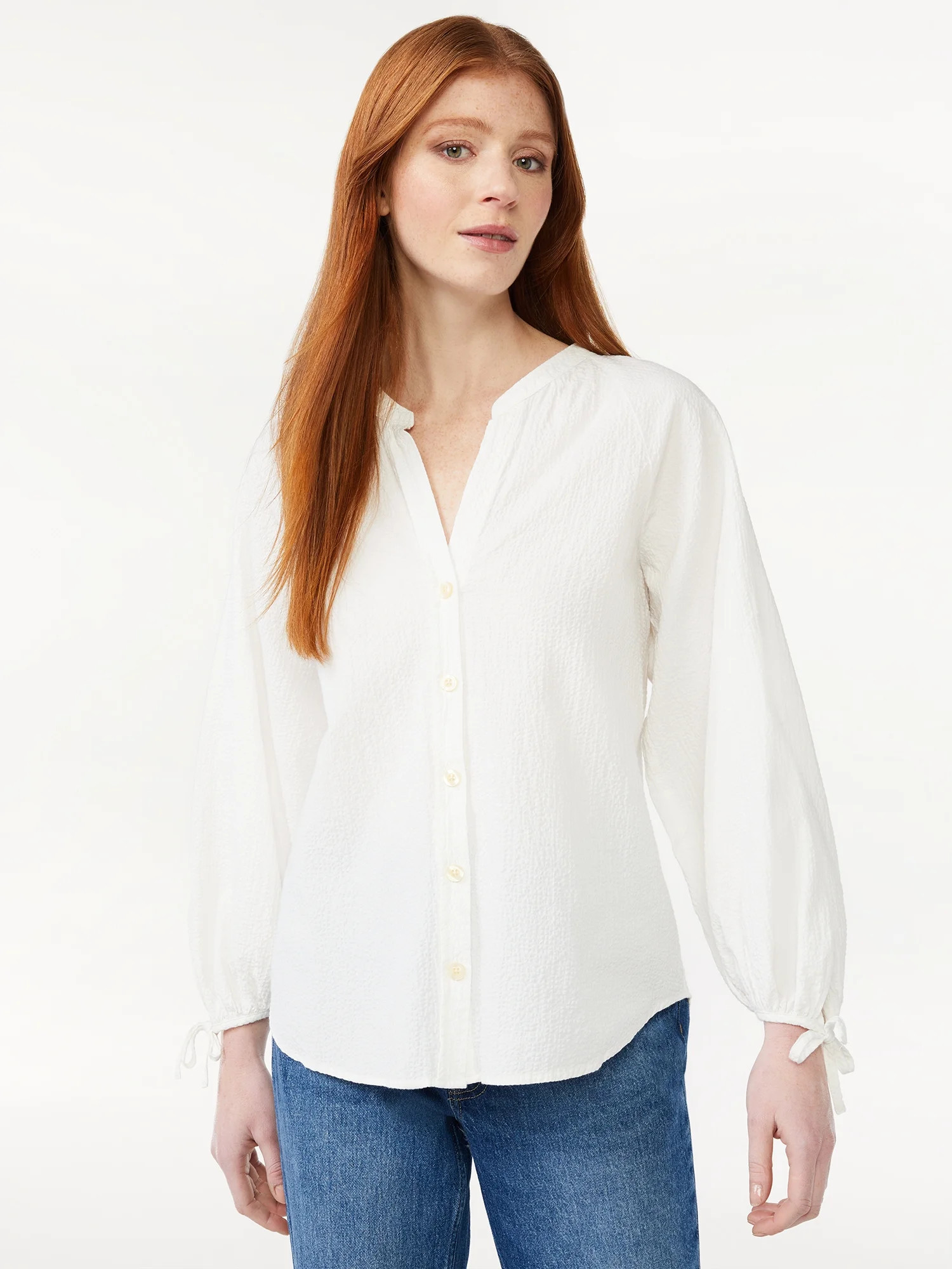 Free Assembly Women's Gathered Button Down Top with 3/4-Length Tie Sleeves - Walmart.com | Walmart (US)