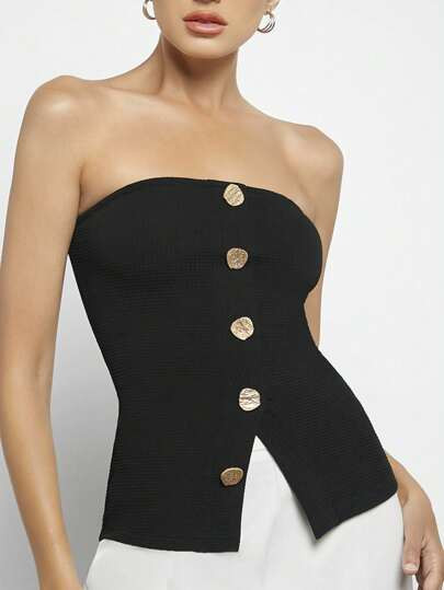 Maija Women's Metal Color Block Button Front Slit Hem Strapless Top, Black Easter Party Top Beach... | SHEIN