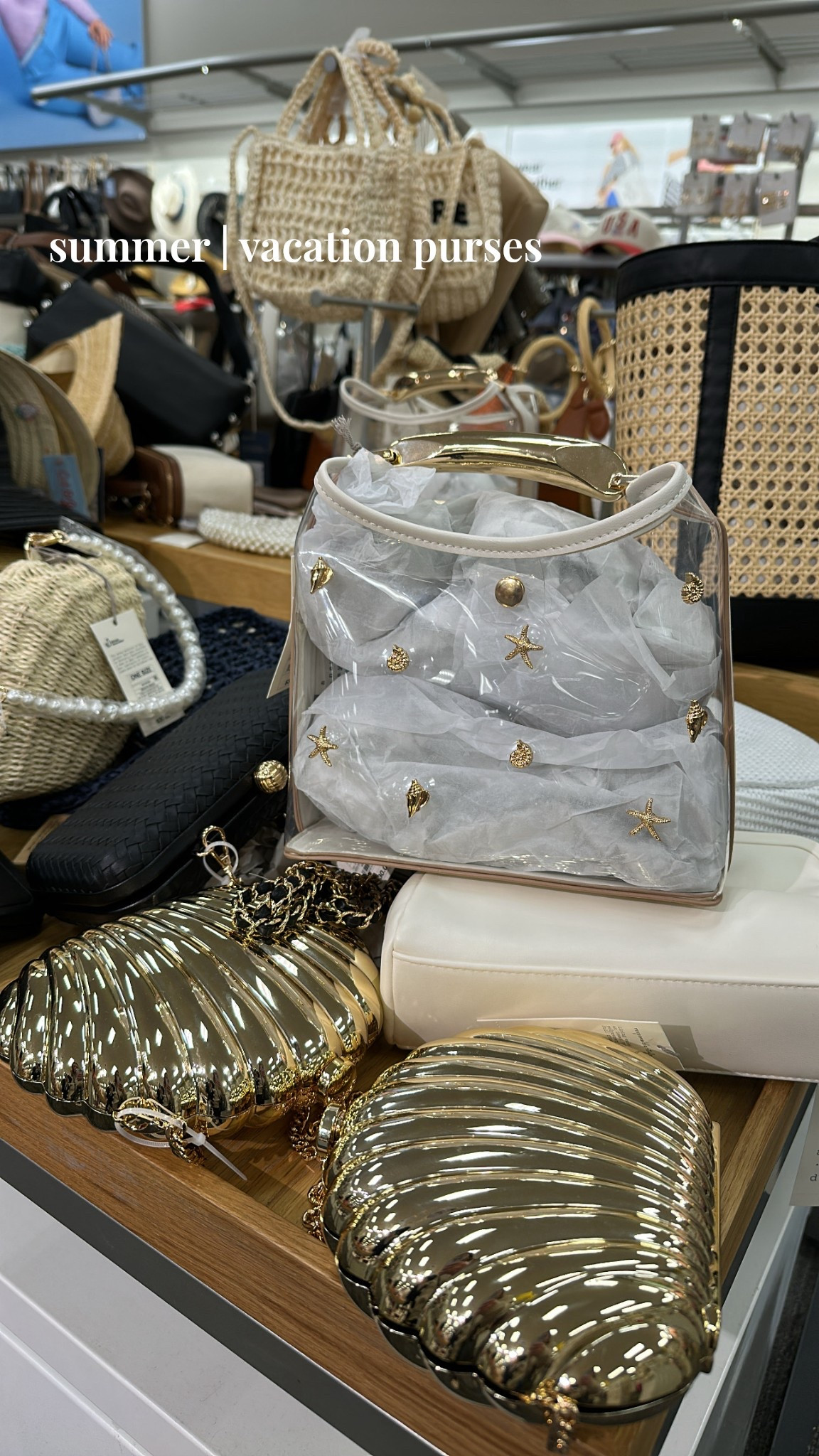 Summer handbag, purse, summer accessories, summer purse, clear purse, woven purse, woven bag, bucket bag, seashell bag, vacation bag, gold bag, pearl purse, 

#LTKStyleTip #LTKFindsUnder50 #LTKSeasonal