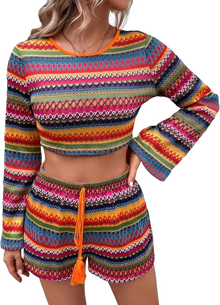 Verdusa Women's 2 Piece Outfit Boho Printed Long Sleeve Crop Top and Shorts | Amazon (US)