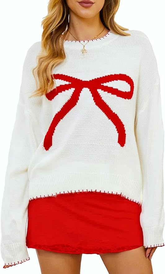Milumia Women's Bow Print Drop Shoulder Long Sleeve Sweater Crew Neck Knit Fall Tops | Amazon (US)