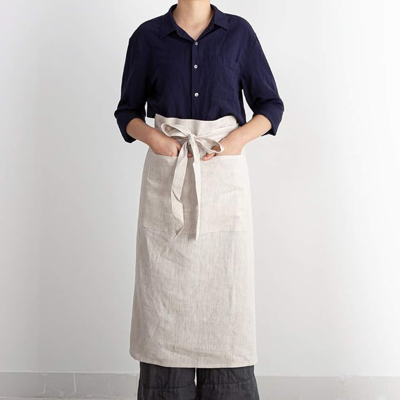 ATLINIA 100% Linen Apron with Buttons Adjustable Bib Apron with Pockets Linen Half Apron Bistro A... | Amazon (US)