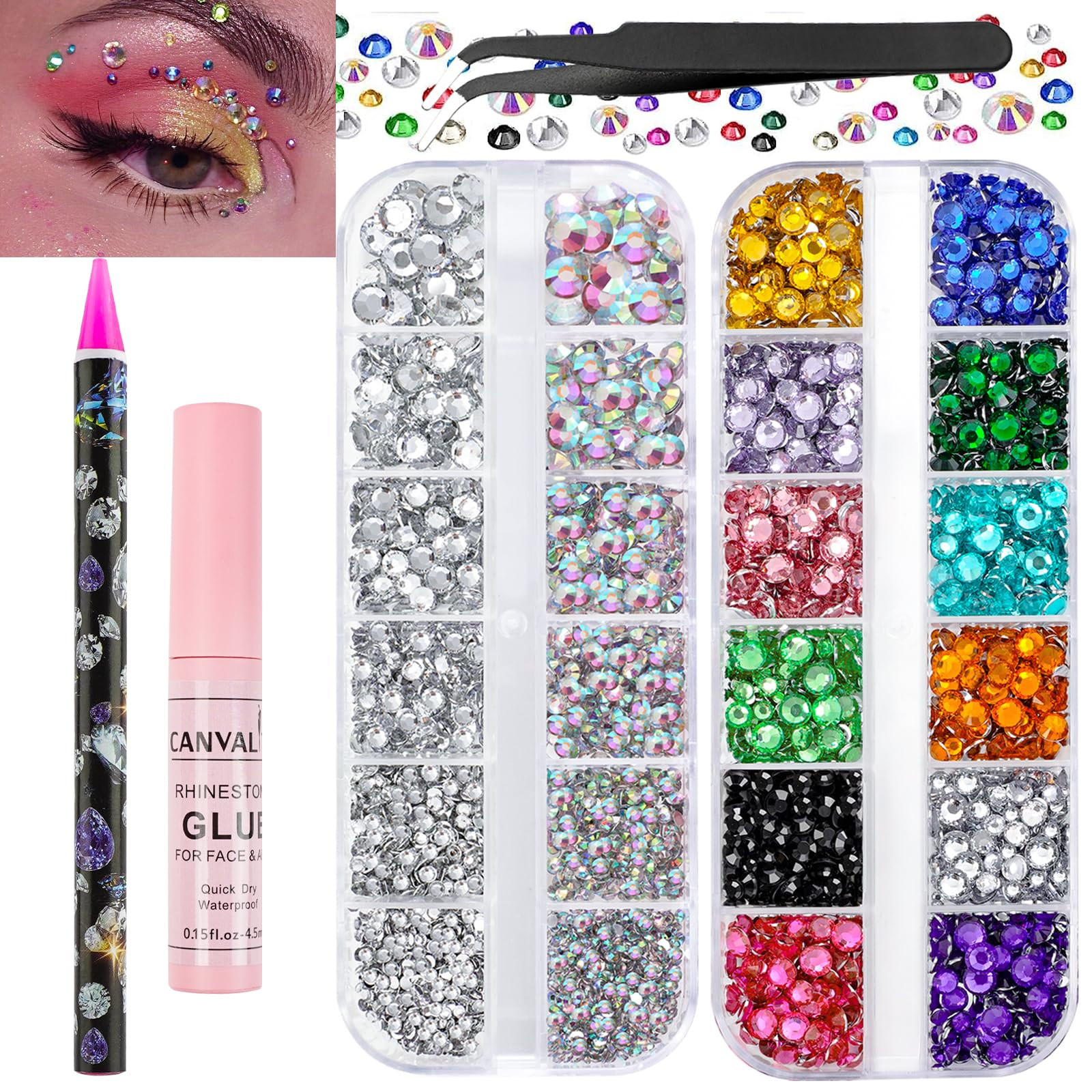 Canvalite Rhinestones for Face Colorful Face Gems Jewels AB & Clear Eye Hair Nail Gems with Quick... | Amazon (US)