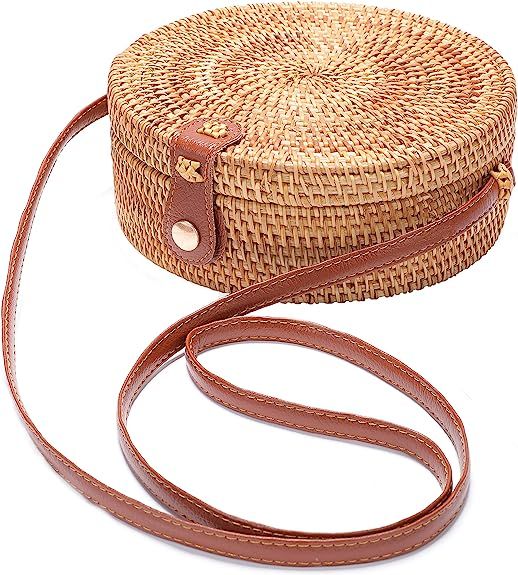 Handwoven Round Rattan Bag Shoulder Leather Straps Natural Chic Hand | Amazon (US)