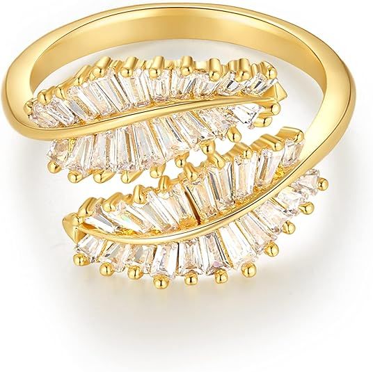 Vescence 18K Gold Plated CZ Open Ring Double Leaf Wrap Rings Adjustable | CZ Stacking Ring in Gol... | Amazon (US)