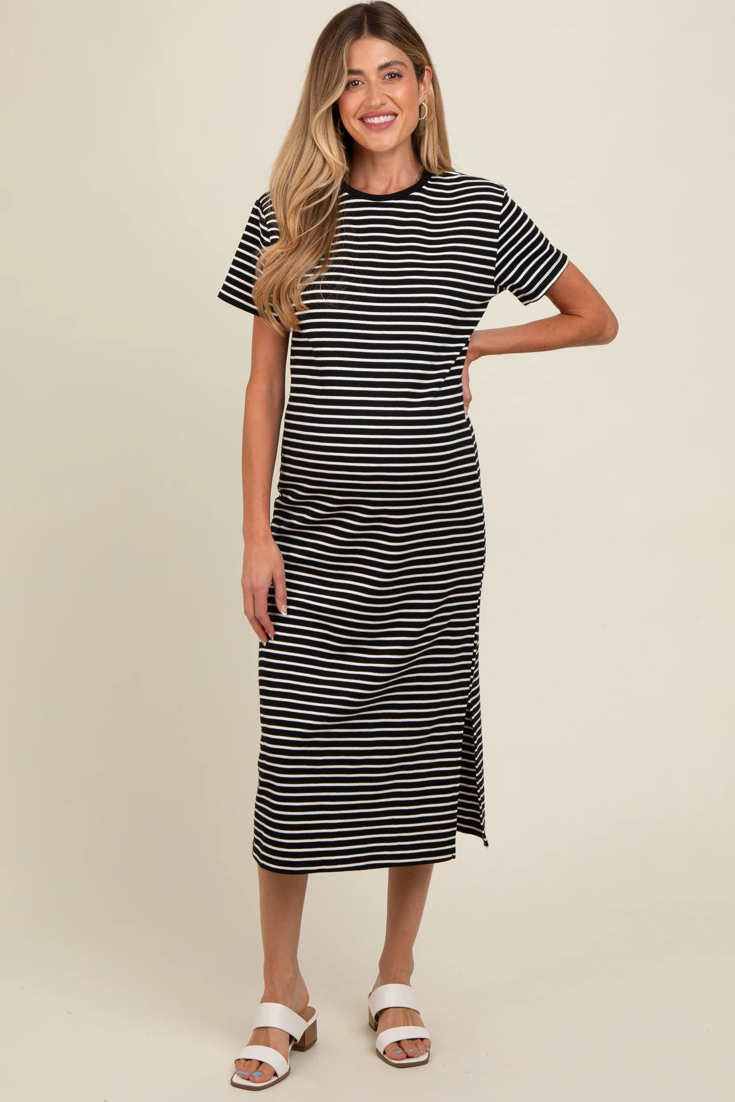Black Striped Short Sleeve Maternity T-Shirt Midi Dress | PinkBlush Maternity