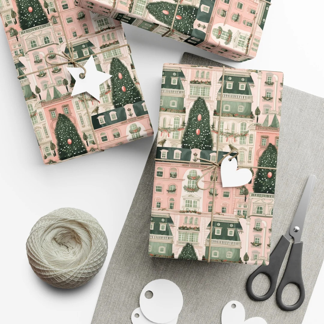 Wrapping Paper Blush Green Paris Apartments Christmas Wrapping Paper Parisian Christmas Gift Wrap... | Etsy (US)