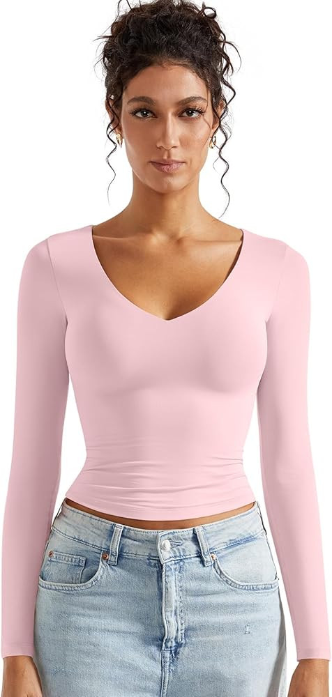 SUUKSESS Women Double Lined Casual V Neck Crop Tank Tops Basic Long Sleeve Shirts | Amazon (US)