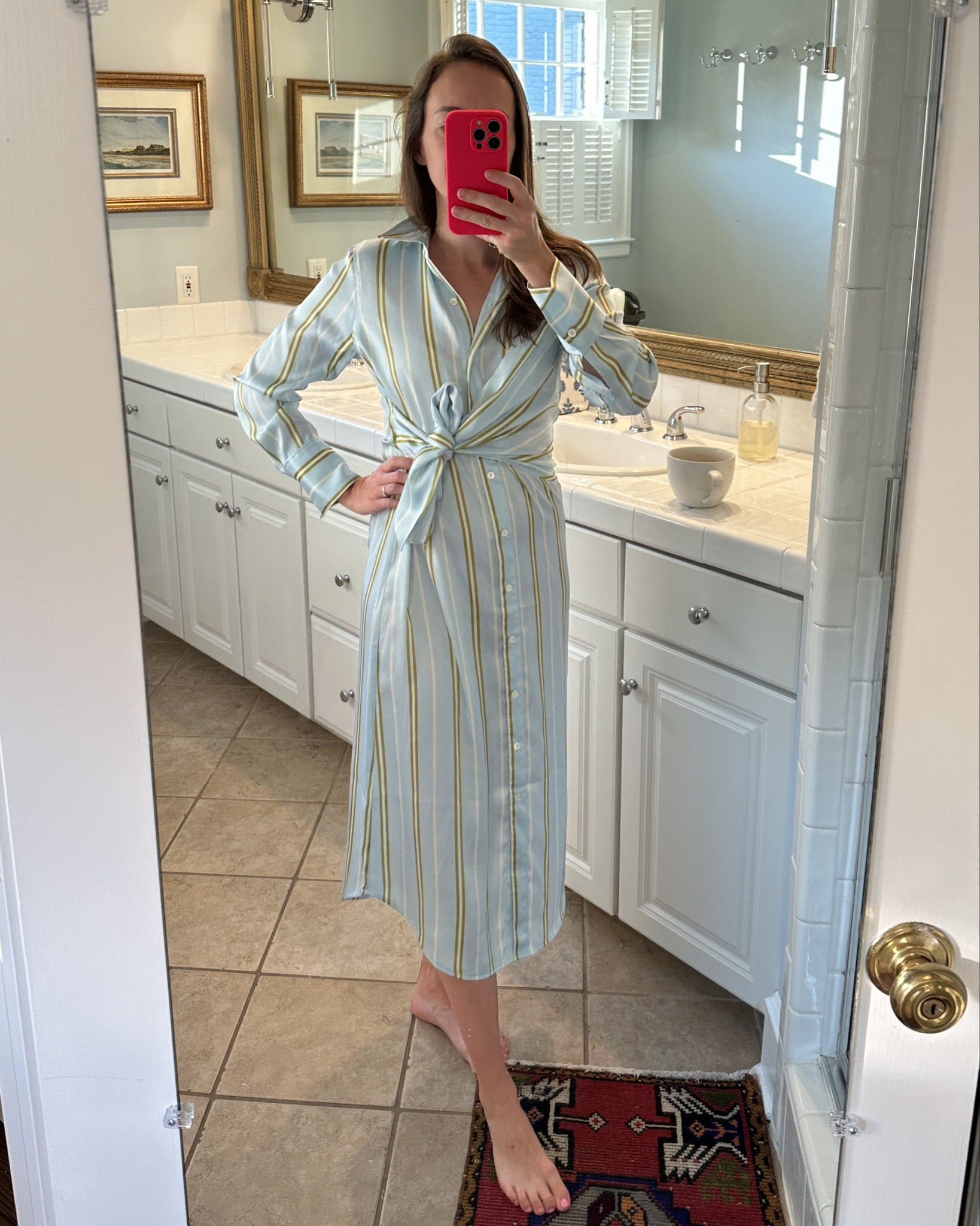 Another great NM sale find! The tie on this dress is SO flattering. Colors cute for spring but also could do all fall and winter with a camel color sweaterhe's