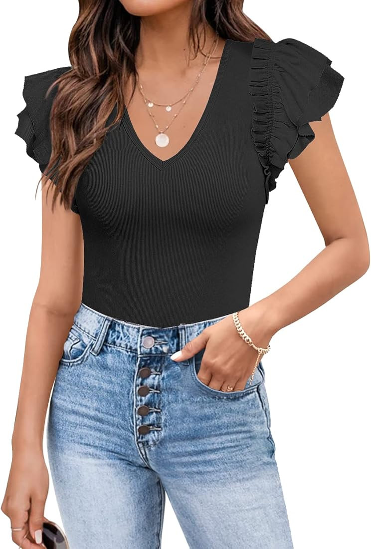 MISSJOY Womens V Neck Ruffle Short Sleeve Ribbed Slimming Basic Bodysuit Leotards Tops Blouses | Amazon (US)