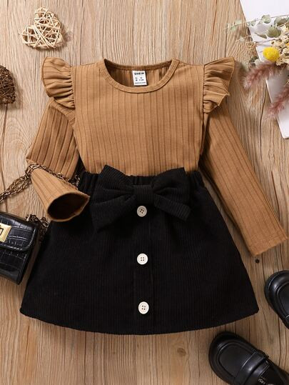 Baby Ruffle Trim Tee & Bow Front Skirt | SHEIN