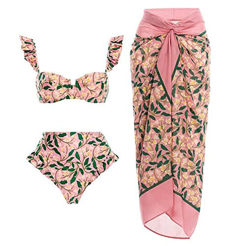 Three Pieces Swimsuits for Women with Matching Cover Up Skirt Floral Bikini Set Hight Cut Swimsuits Mesh Sheer Sarong Flattering Swimsuit Push Up Floral Laddies Bathing Suit Pink Floral (3PCS) S | Amazon (US)