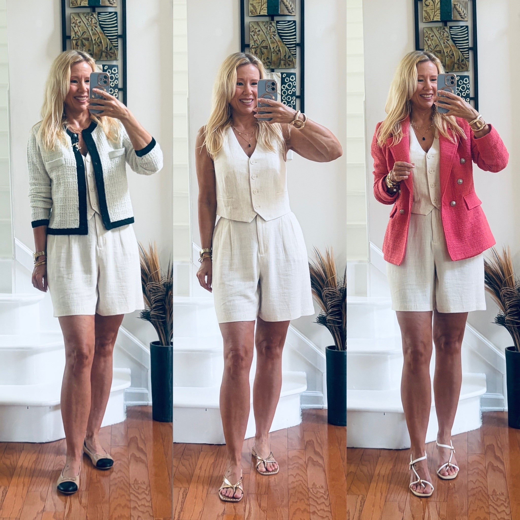 #ad 3 ways to wear this linen short & vest set! These shorts offer a little more coverage for those that don’t want to go too short (approximately 6.5” inseam). And if it gets a bit cooler at night, you can easily throw on this beautiful boucle blazer or the tweed look cardigan (looks like Chanel!). Can’t wait to wear this cardigan with jeans also! 

FYR: I’m 5’7”, 143 lbs, wearing the following sizes:⬇️
Shorts: 10. They run a little large.  
Vest: 6: true to size.
Tweed Look Cardigan: 4/6: true to size.
Boucle Blazer: 8: true to size.

Thank you for these cute outfits @lascanausaofficial

#LTKootd #LTKgrwm #LTKOver40