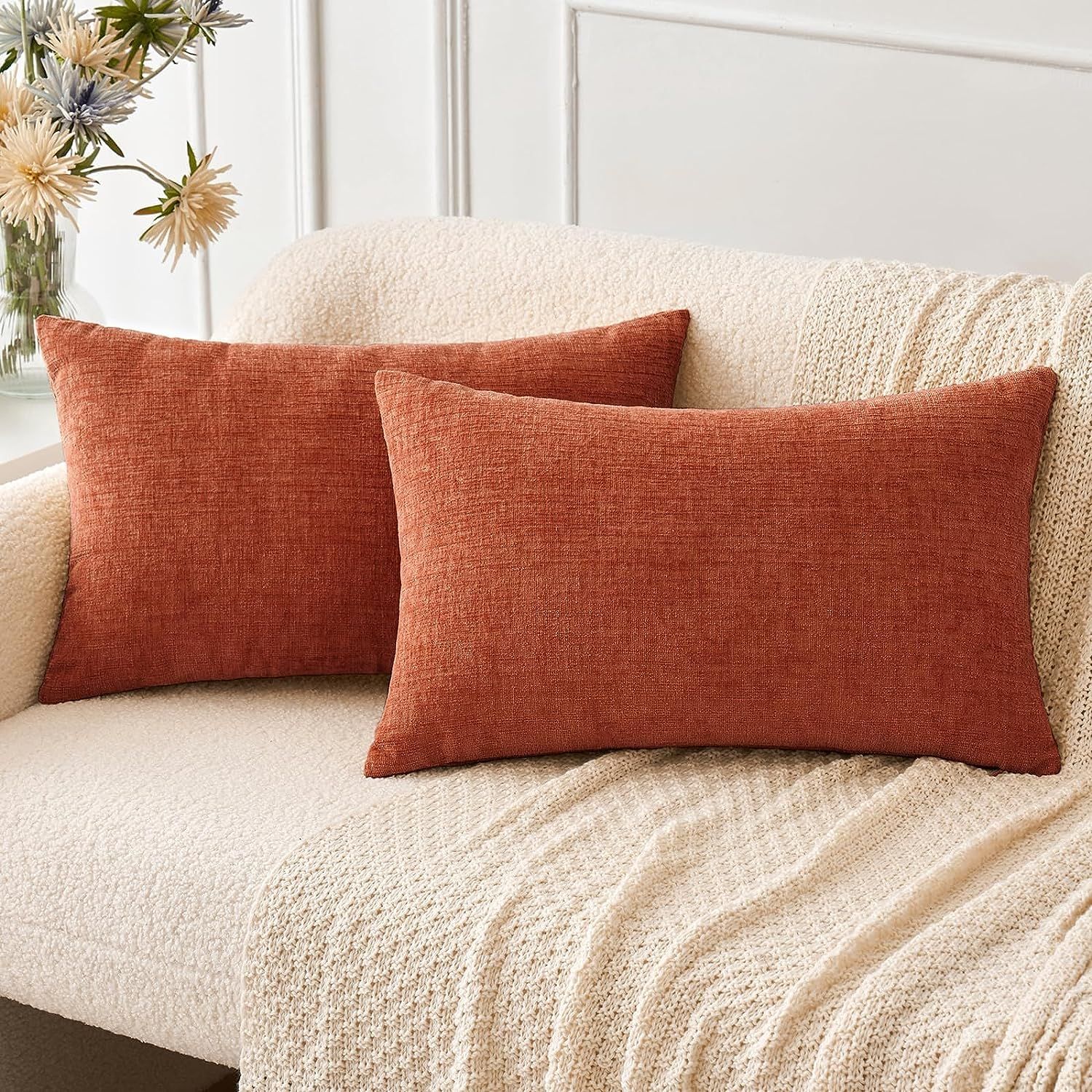 MIULEE Fall Pack of 2 Couch Throw Pillow Covers 12x20 Inch Soft Burnt Orange Chenille Pillow Cove... | Amazon (US)