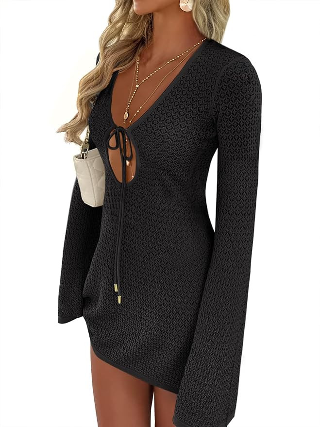 ANRABESS Women’s Crochet Swimsuit Cover Up, V Neck Mesh Knit Beach Dress, Long Sleeve Summer Va... | Amazon (US)