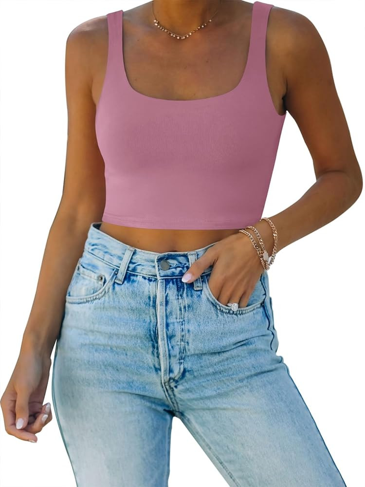 REORIA Women’s Sexy Square Neck Double Lined Seamless Sleeveless Cropped Tank Yoga Crop Basic T... | Amazon (US)