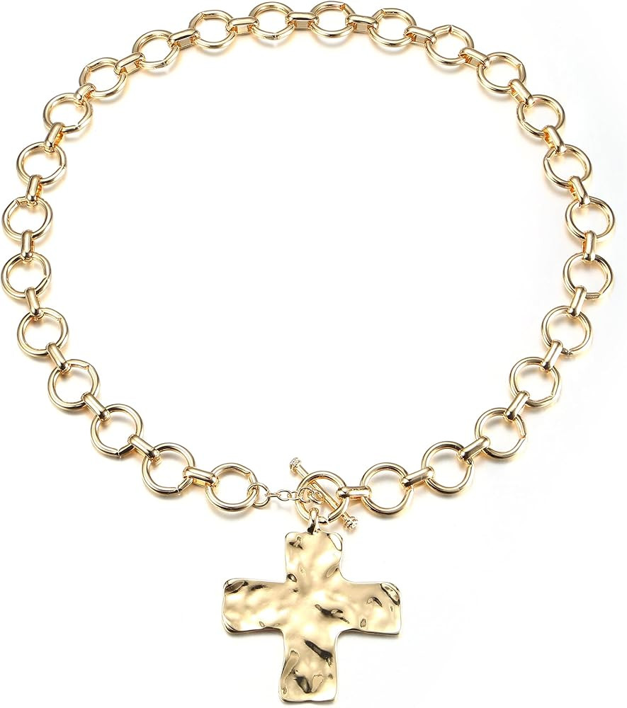 TEN MIRO 18k Gold Chunky Cross Necklace for Women Non Tarnish Cross Choker Necklaces Hammered Bol... | Amazon (US)