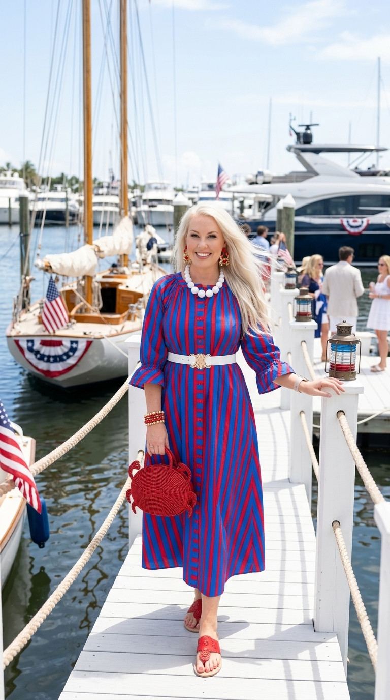Red, white, and coastal 🇺🇸🦀✨ This maxi dress had me at the stripes, but the crab accessories absolutely sealed the deal. From the statement earrings to the cutest crab handbag, this look feels like Nantucket summer meets Palm Beach chic ❤️🤍💙

Perfect for vacation dinners, fireworks, marina nights, and every summer event in between. Linking everything here for y’all ✨

fourthofjulyoutfit, 4thofjulyoutfit, memorialdayoutfit, summeroutfit 

 