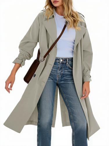 Tankaneo Womens Long Trench Coat Double Breasted Notch Lapel Lightweight Oversized Windproof Fall Overcoat with Belt | Amazon (US)