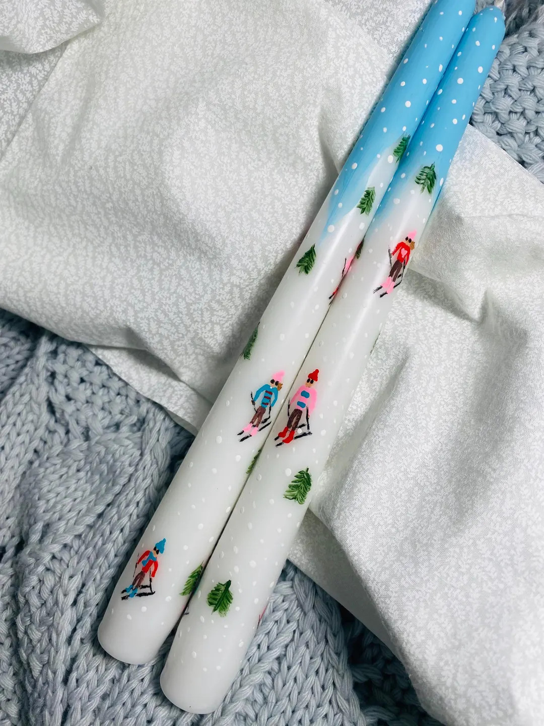 Set of 2 Skiing Taper Candles Handpainted 10” Cute Winter Candlesticks Holiday Christmas Table ... | Etsy (US)