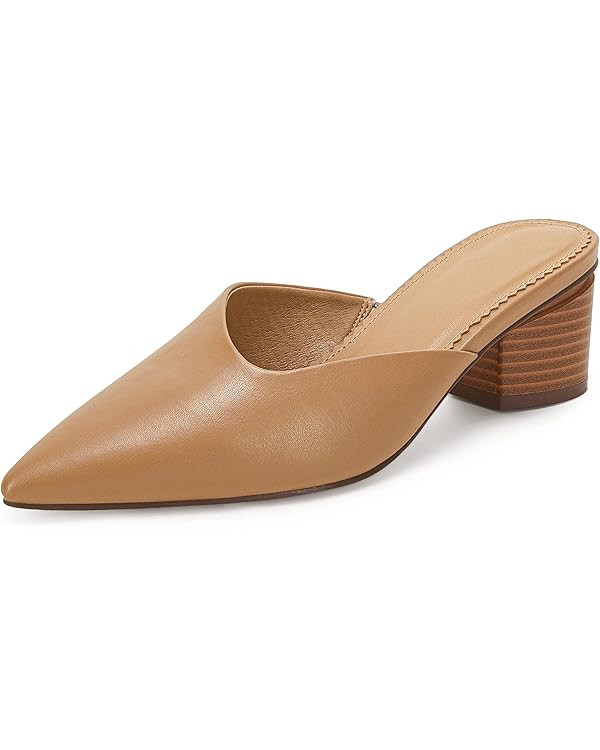Coutgo Womens Pointed Toe V Cut Mules Chunky Block Heel Slip On Clogs Fashion Office Slides Shoes | Amazon (US)