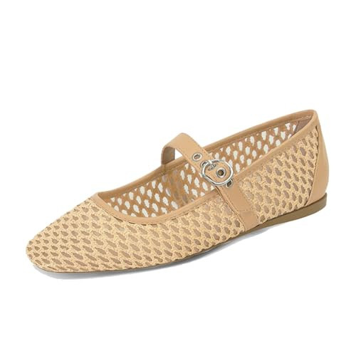 RJYLP Raffia Woven Mesh Ballet Flats for Women Dressy Raffia Mary Jane Flats with Buckle Summer Fishnet Straw Ballerina Flat Shoes | Amazon (US)