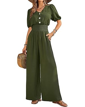 Womens Jumpsuits Short Sleeve V Neck Dressy Casual Wide Leg Pants Romper 2025 Summer One Piece Ou... | Amazon (US)