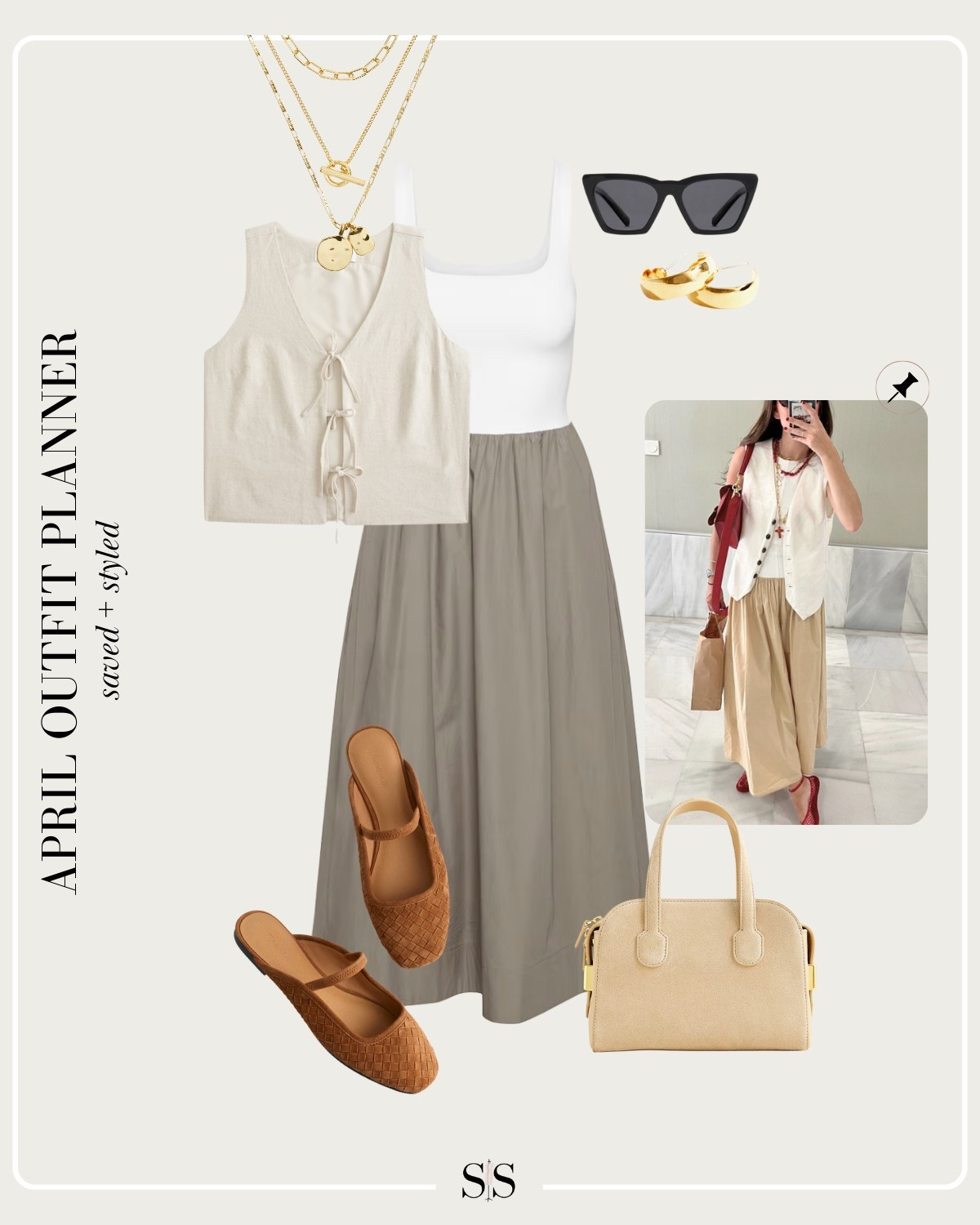 Monthly outfit planner APRIL: Spring transitional looks, saved + styled outfit inspo | maxi dress, front tie vest, woven mules, suede handbag

#springoutfit #casualstyle

Image credit: Pinterest


#LTKStyleTip