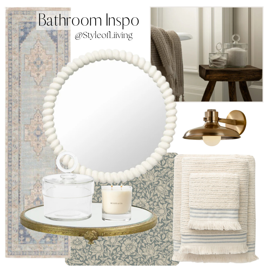 Bathroom inspiration! Wallpaper, runner rug, bath towels, mirror brass tray, glass jar with lid, round white wall mirror, candles, and more!
#bathroom #homedecor #wallpaper #mcgeeandco #brasstray #vintageinspired #wallsconce #runnerrug #towels 

 #LTKselfcare #LTKHome #LTKFindsUnder100