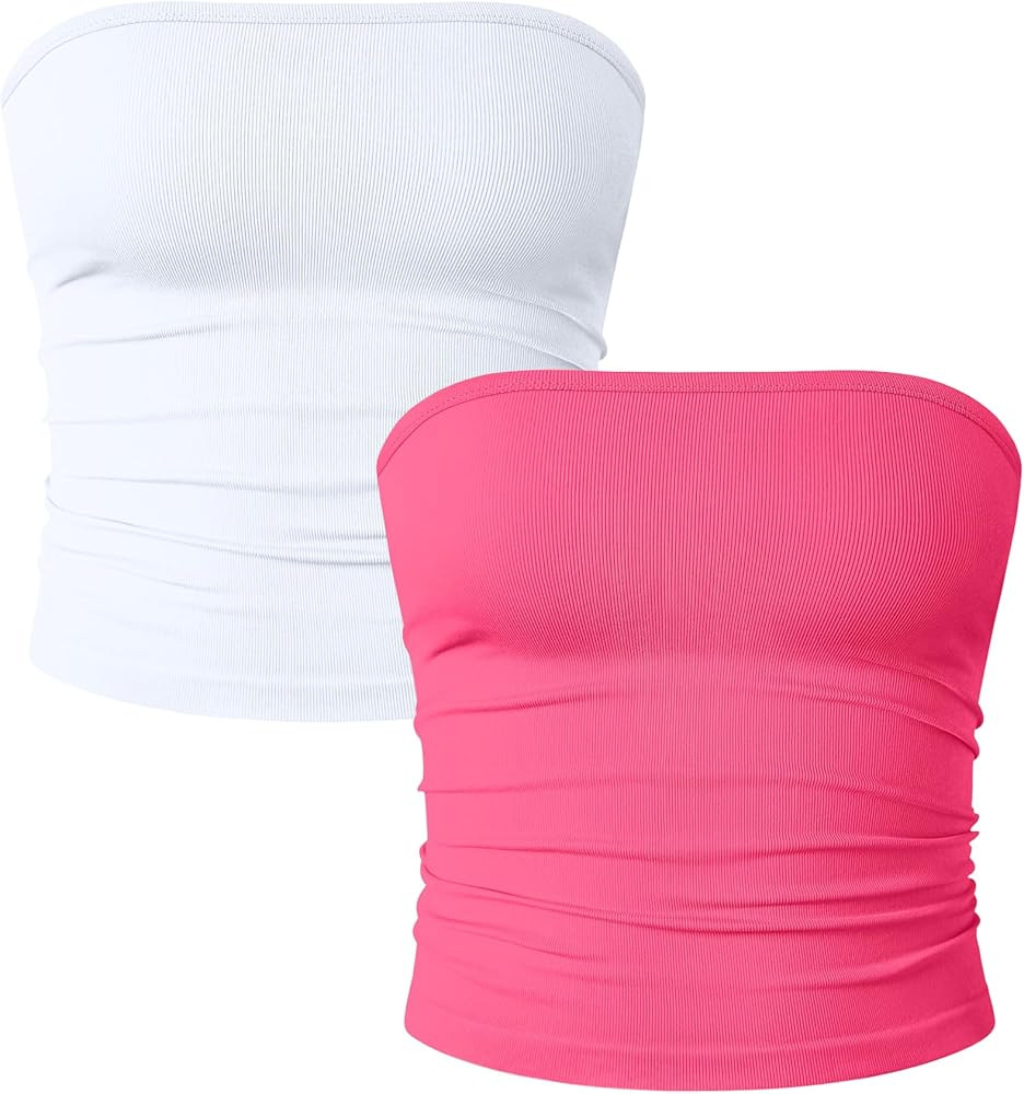 OQQ Womens 2 Piece Tube Tops Strapless Basic Sleeveless Stretch Classic-Fit Shirts Sexy Crop Tops | Amazon (US)
