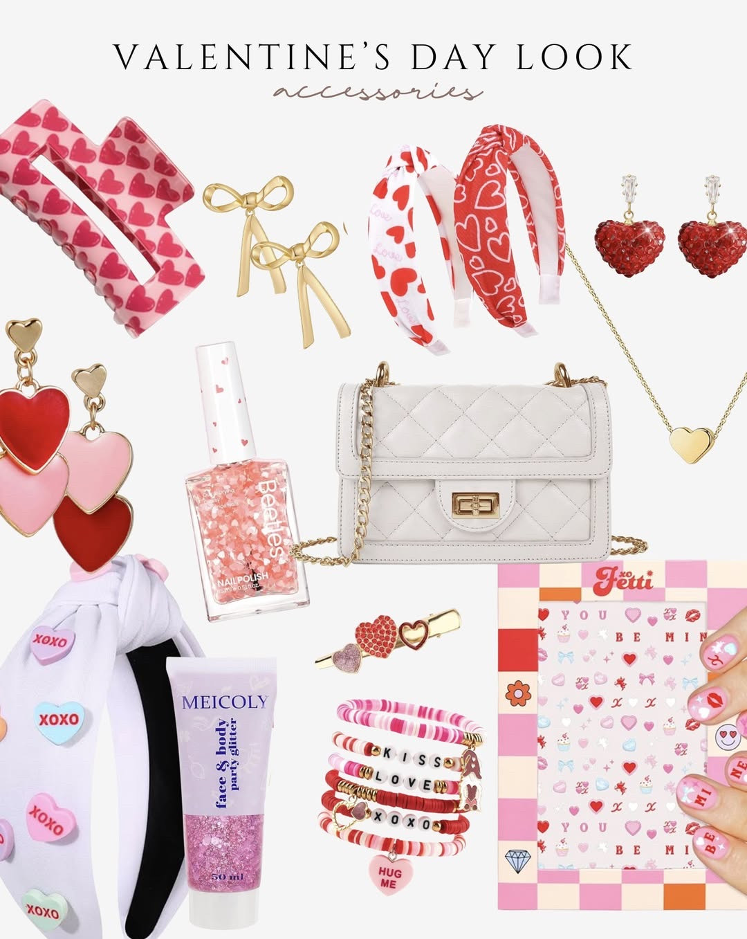Valentine’s Day accessories

heart shaped jewelry
romantic red and pink handbags
valentines hair bows and clips
dainty gold layered necklaces
chic pearl earrings
statement date night heels
sparkly clutch purses
love themed charm bracelets
cozy valentine scarves
dressy belts and fashion accessories

#LTKValentine #LTKSeasonal #LTKootd