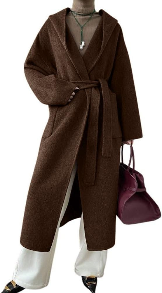 chouyatou Women's Winter Open Front Belted Wool Coat Casual Loose Hooded Midi Long Winter Pea Coat | Amazon (US)