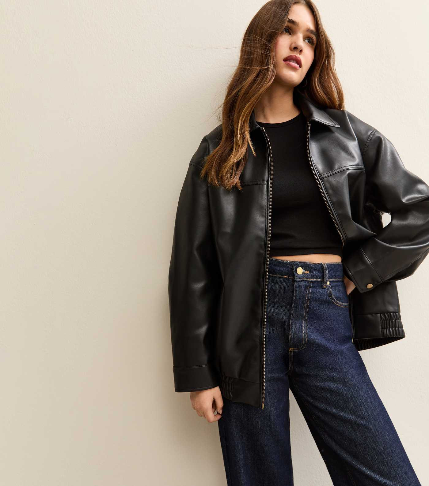 Black Faux Leather Oversized Bomber Jacket | New Look | New Look (UK)